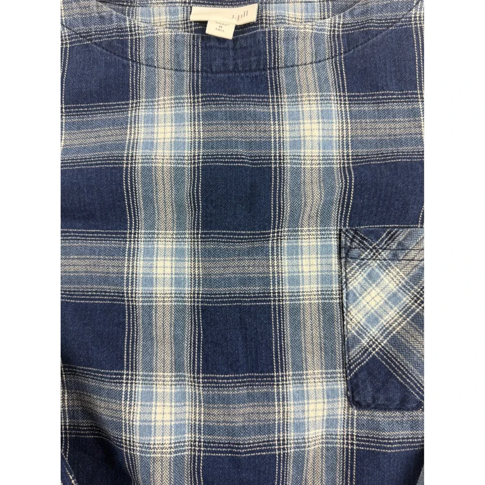 J Jill Womens Medium Tall Blue Plaid Cotton Button Back Long Sleeve Top Shirt